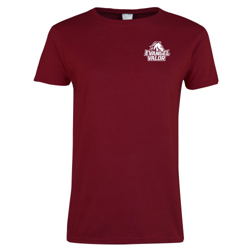  Next Level Womens Cardinal Short Sleeve Tee - Evangel Valor Horse Lockup