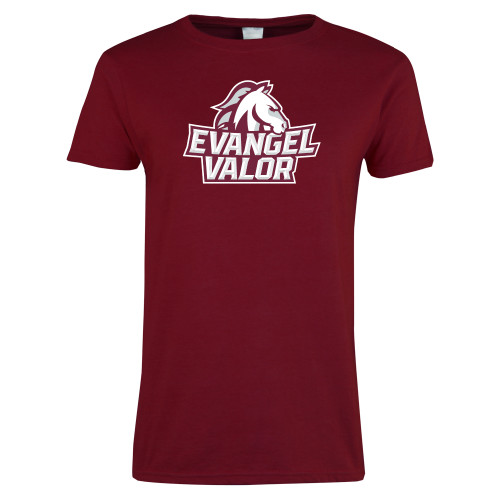  Next Level Womens Cardinal Short Sleeve Tee - Evangel Valor Horse Lockup