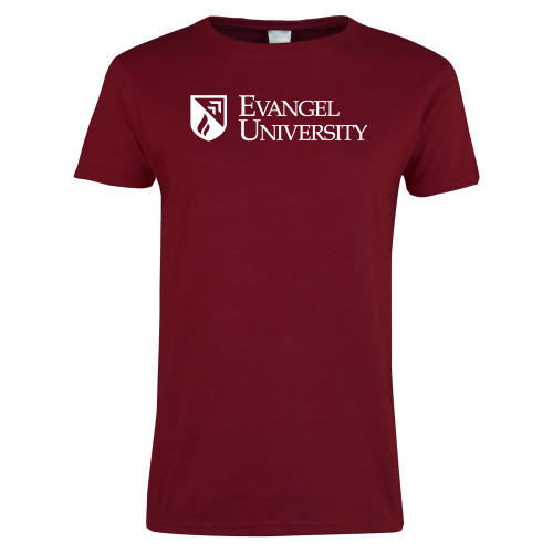  Next Level Womens Cardinal Short Sleeve Tee - Evangel University with Shield