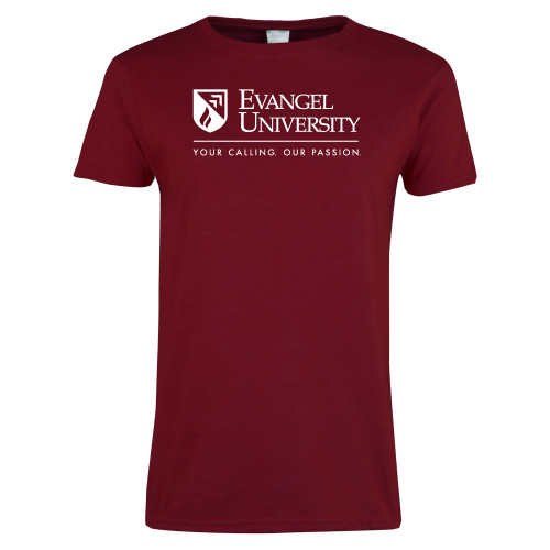  Next Level Womens Cardinal Short Sleeve Tee - Evangel University with Tagline