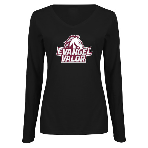  Womens Black Long Sleeve V Neck Tee  - Evangel Valor Horse Lockup