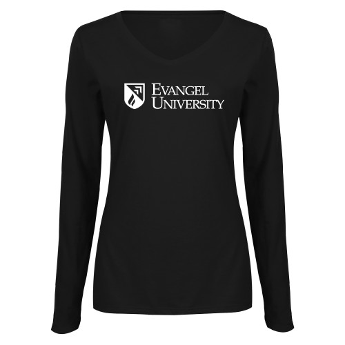  Womens Black Long Sleeve V Neck Tee  - Evangel University with Shield