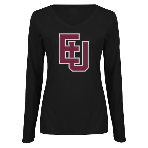  Womens Black Long Sleeve V Neck Tee  - EU Lockup