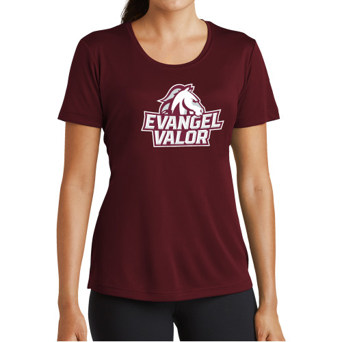  Womens Maroon Performance Short Sleeve Tee - Evangel Valor Horse Lockup