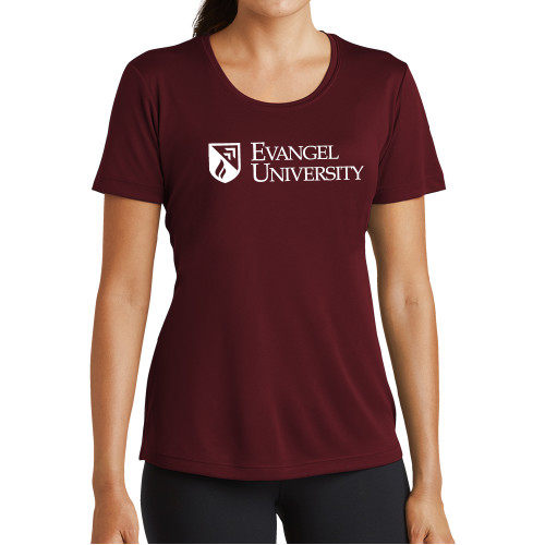  Womens Maroon Performance Short Sleeve Tee - Evangel University with Shield