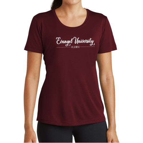 Womens Maroon Performance Short Sleeve Tee - Evangel University Script Design