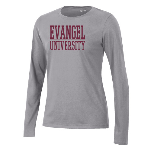  Gear Womens Oxford Heather Long Sleeve Tee - Evangel University Stacked