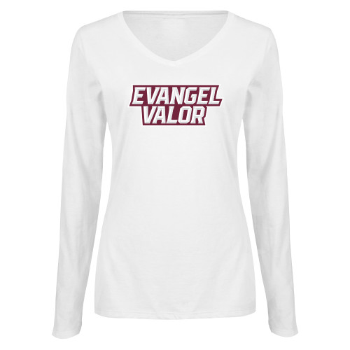  Womens White Long Sleeve V Neck Tee - Evangel Valor