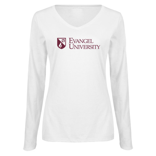  Womens White Long Sleeve V Neck Tee - Evangel University with Shield