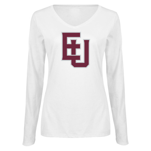  Womens White Long Sleeve V Neck Tee - EU Lockup