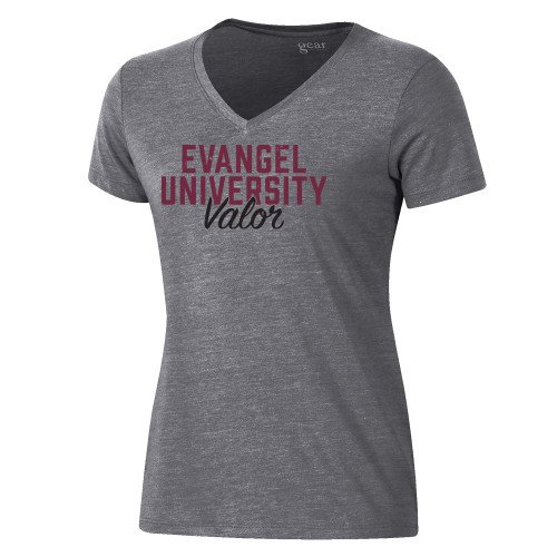  Gear Womens Gunsmoke Triblend VNeck Tee - Evangel University Valor Distressed