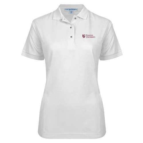  Womens Silk Touch White Pique Polo - Evangel University With Shield EMB