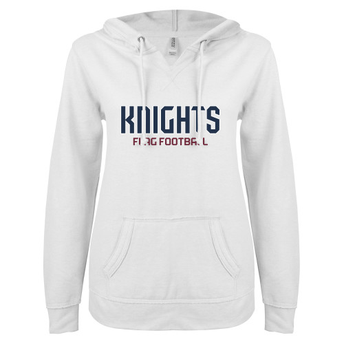  ENZA Womens White V Notch Raw Edge Fleece Hoodie - FDU Knights Flag Football