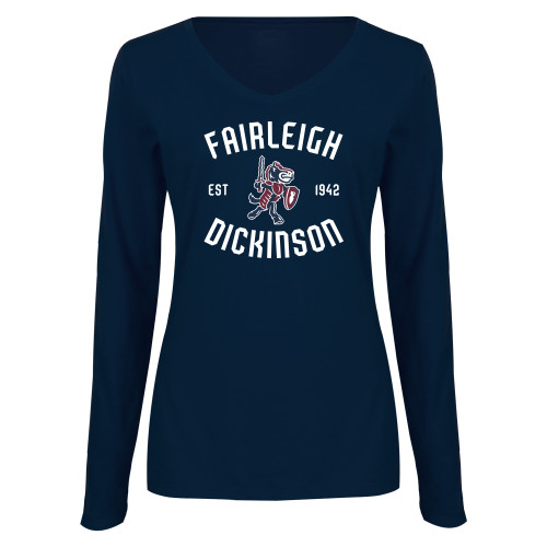  Womens Navy Long Sleeve V Neck Tee  - Fairleigh Dickinson  Double Arch
