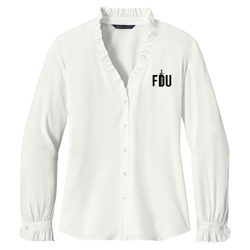  Brooks Brothers Womens Off White Long Sleeve Ruffle Collar Blouse - FDU with Sword