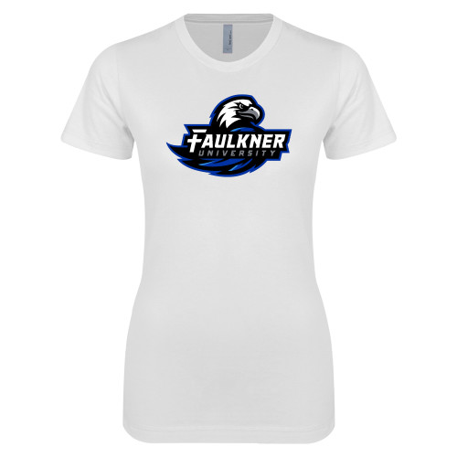  Next Level Womens White Boyfriend Tee - Faulkner University Primary Logo