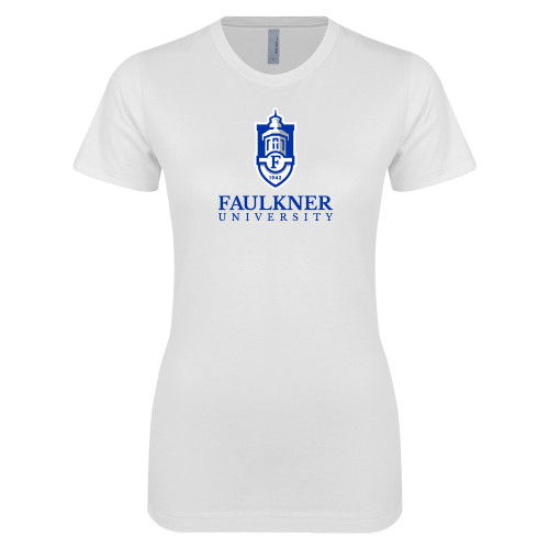  Next Level Womens White Boyfriend Tee - Faulkner University  with Crest Stacked
