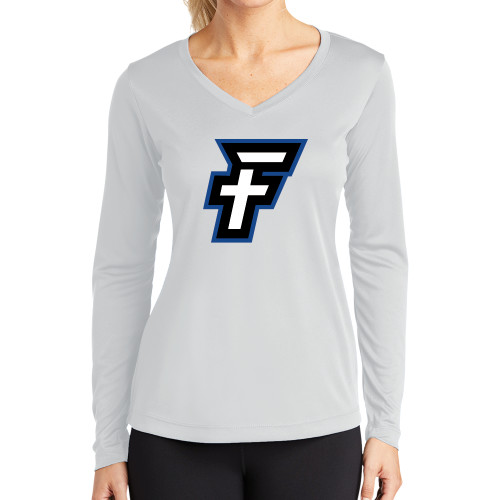 Womens White Performance Long Sleeve V Neck Shirt - Faulkner University F