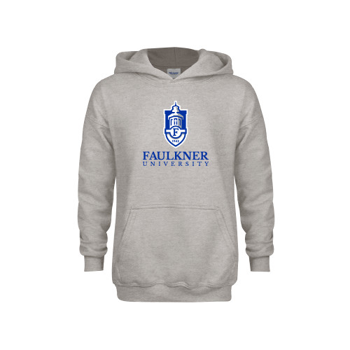  Youth Grey Fleece Hood - Faulkner University  with Crest Stacked