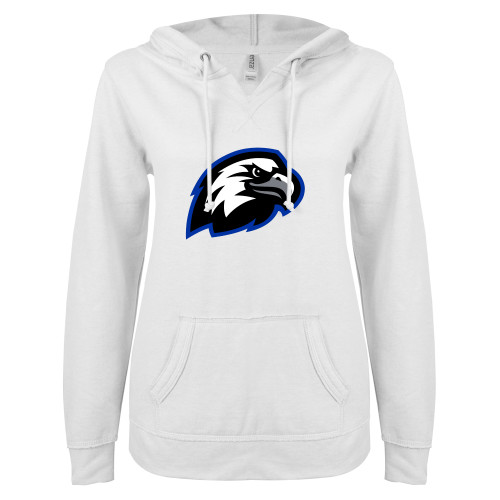  ENZA Womens White V Notch Raw Edge Fleece Hoodie - Faulkner University Mascot Head