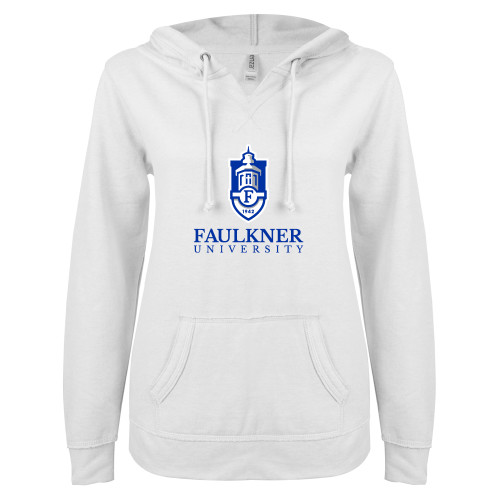  ENZA Womens White V Notch Raw Edge Fleece Hoodie - Faulkner University  with Crest Stacked