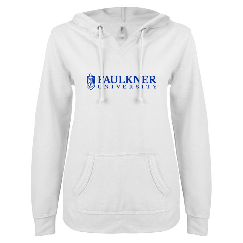  ENZA Womens White V Notch Raw Edge Fleece Hoodie - Faulkner University  with Crest Flat