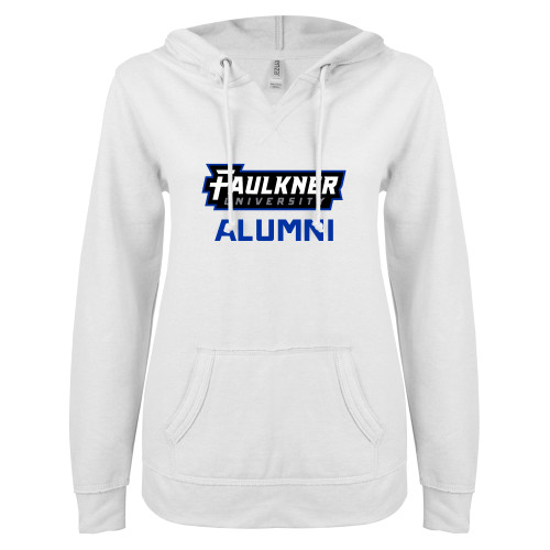  ENZA Womens White V Notch Raw Edge Fleece Hoodie - Faulkner University Alumni