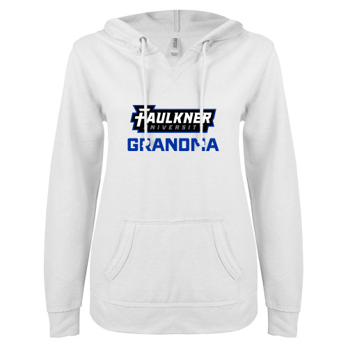  ENZA Womens White V Notch Raw Edge Fleece Hoodie - Faulkner University Grandma