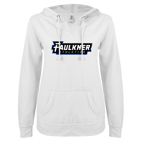  ENZA Womens White V Notch Raw Edge Fleece Hoodie - Faulkner University Athletics