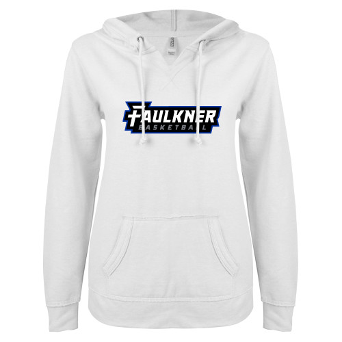  ENZA Womens White V Notch Raw Edge Fleece Hoodie - Faulkner University Basketball