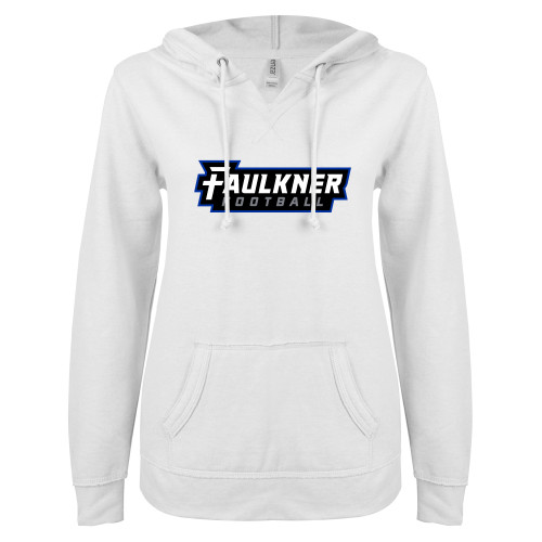  ENZA Womens White V Notch Raw Edge Fleece Hoodie - Faulkner University Football