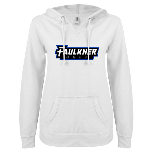  ENZA Womens White V Notch Raw Edge Fleece Hoodie - Faulkner University Golf