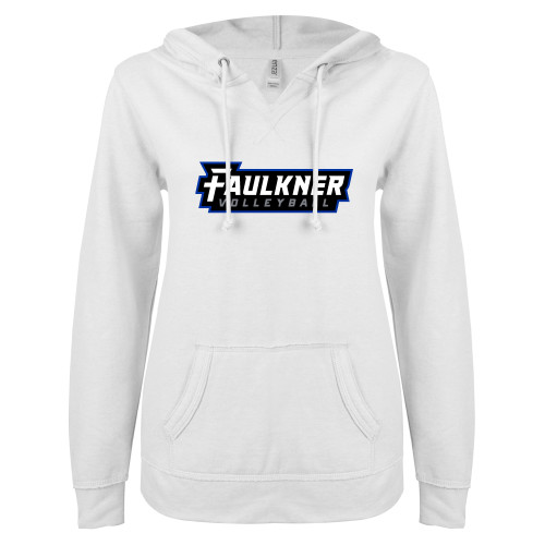  ENZA Womens White V Notch Raw Edge Fleece Hoodie - Faulkner University Volleyball