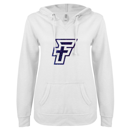  ENZA Womens White V Notch Raw Edge Fleece Hoodie - I - Royal Holographic