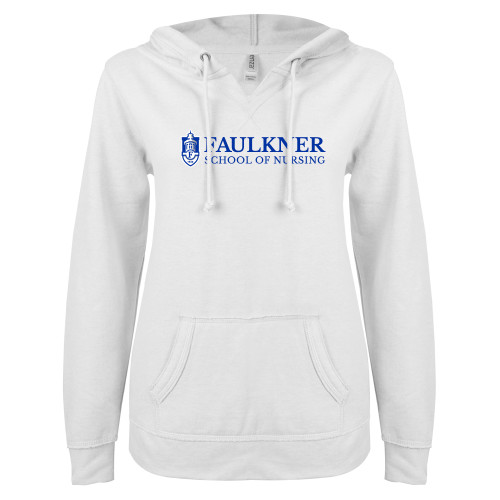  ENZA Womens White V Notch Raw Edge Fleece Hoodie - Faulkner University School of Nursing