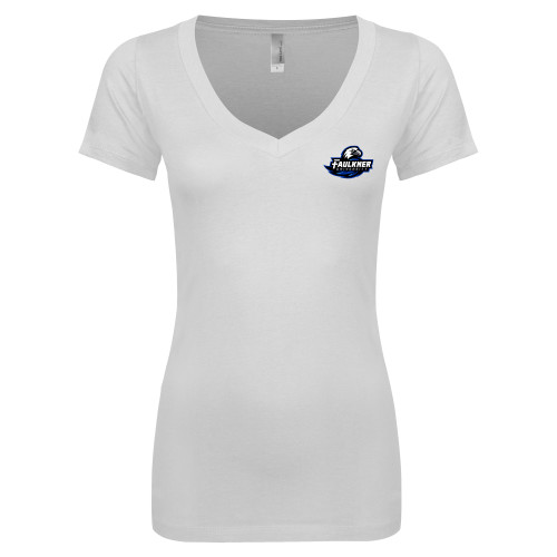  Next Level Womens White Ideal V Tee - Faulkner University Primary Logo
