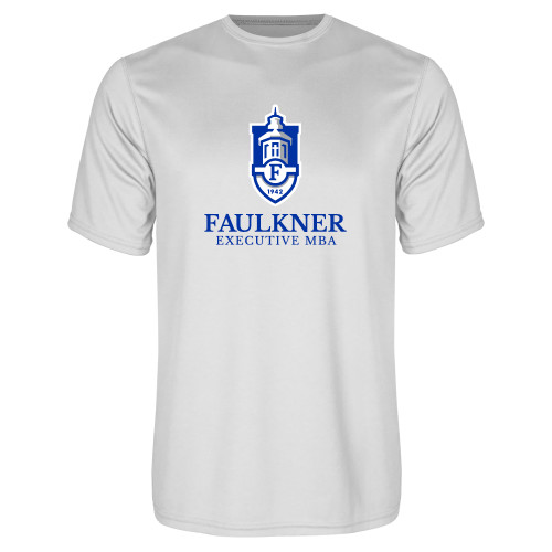  White Performance Tee - Faulkner University Executive MBA Stacked