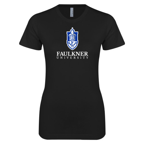  Next Level Womens Black Boyfriend Tee - Faulkner University  with Crest Stacked