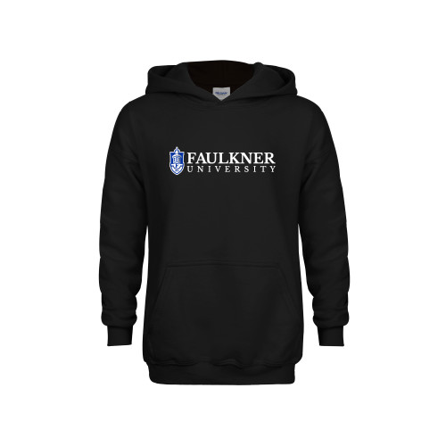  Youth Black Fleece Hoodie - Faulkner University  with Crest Flat