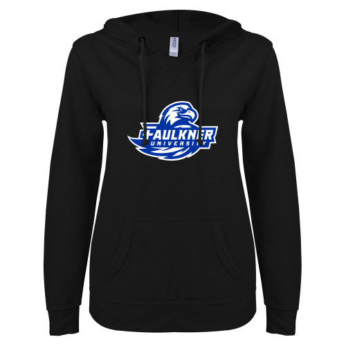  ENZA Womens Black V Notch Raw Edge Fleece Hoodie - Faulkner University Primary Logo