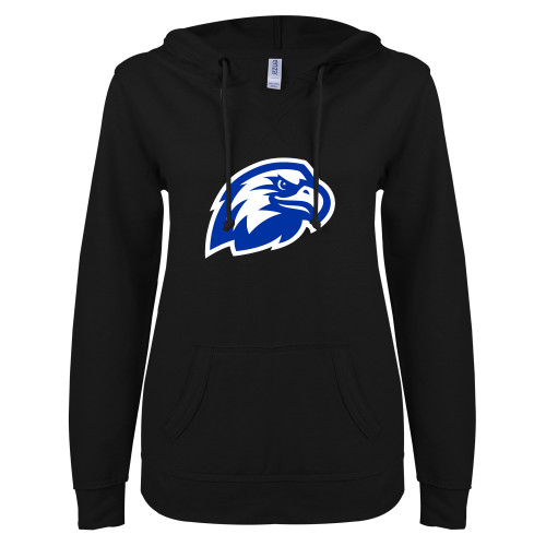  ENZA Womens Black V Notch Raw Edge Fleece Hoodie - Faulkner University Mascot Head