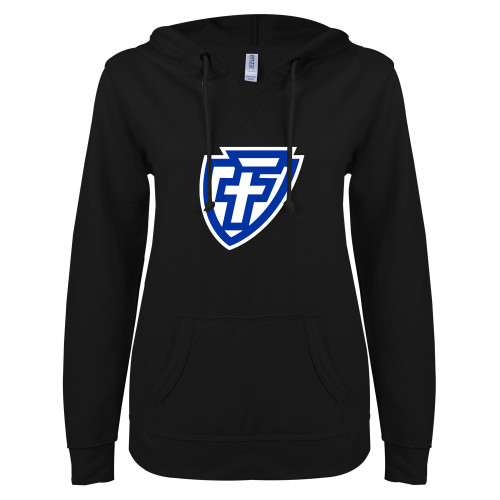  ENZA Womens Black V Notch Raw Edge Fleece Hoodie - Faulkner University F Shield