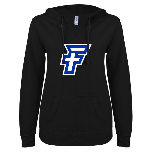  ENZA Womens Black V Notch Raw Edge Fleece Hoodie - Faulkner University F