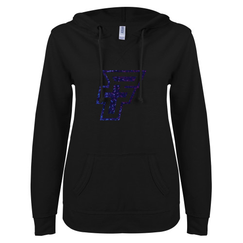  ENZA Womens Black V Notch Raw Edge Fleece Hoodie - I - Royal Holographic