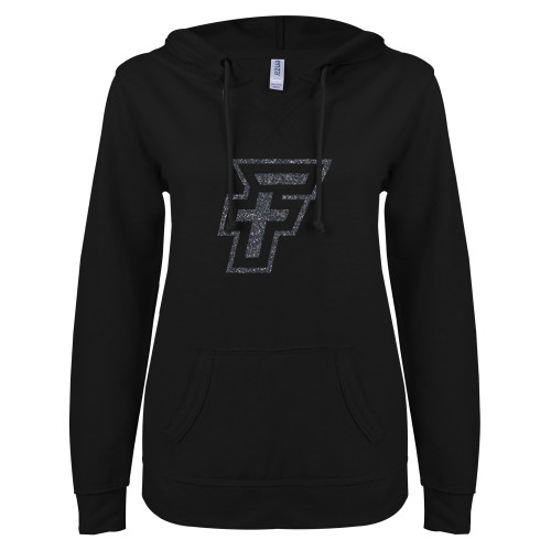  ENZA Womens Black V Notch Raw Edge Fleece Hoodie - F Graphite Soft Glitter