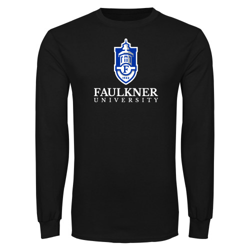  Black Long Sleeve T Shirt - Faulkner University  with Crest Stacked