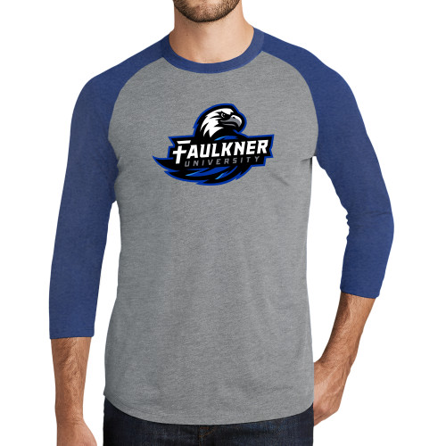 Grey/Royal Heather Triblend Baseball Raglan Tee - Faulkner University Primary Logo
