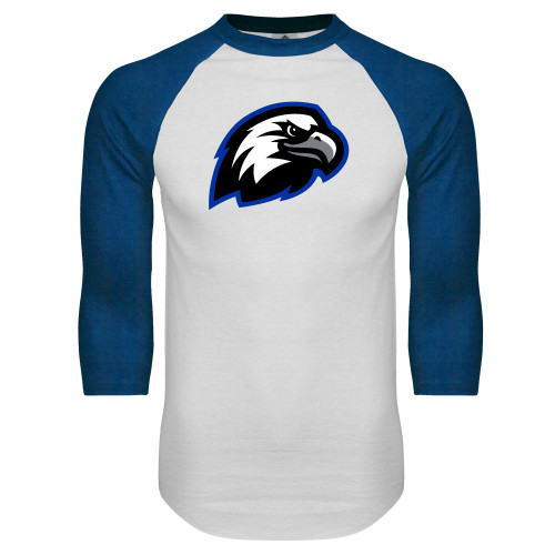 White/Royal Raglan Baseball T Shirt - Faulkner University Mascot Head
