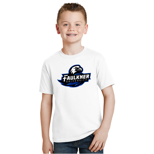  Youth White T Shirt - Faulkner University Primary Logo
