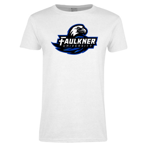 Womens White Short Sleeve Tee - Faulkner University Primary Logo